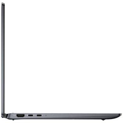 Ein Laptop im Profil mit sichtbaren Anschlüssen, darunter HDMI und zwei USB-C-Ports. Gerät ist dünn und in dunklem Grau gehalten.