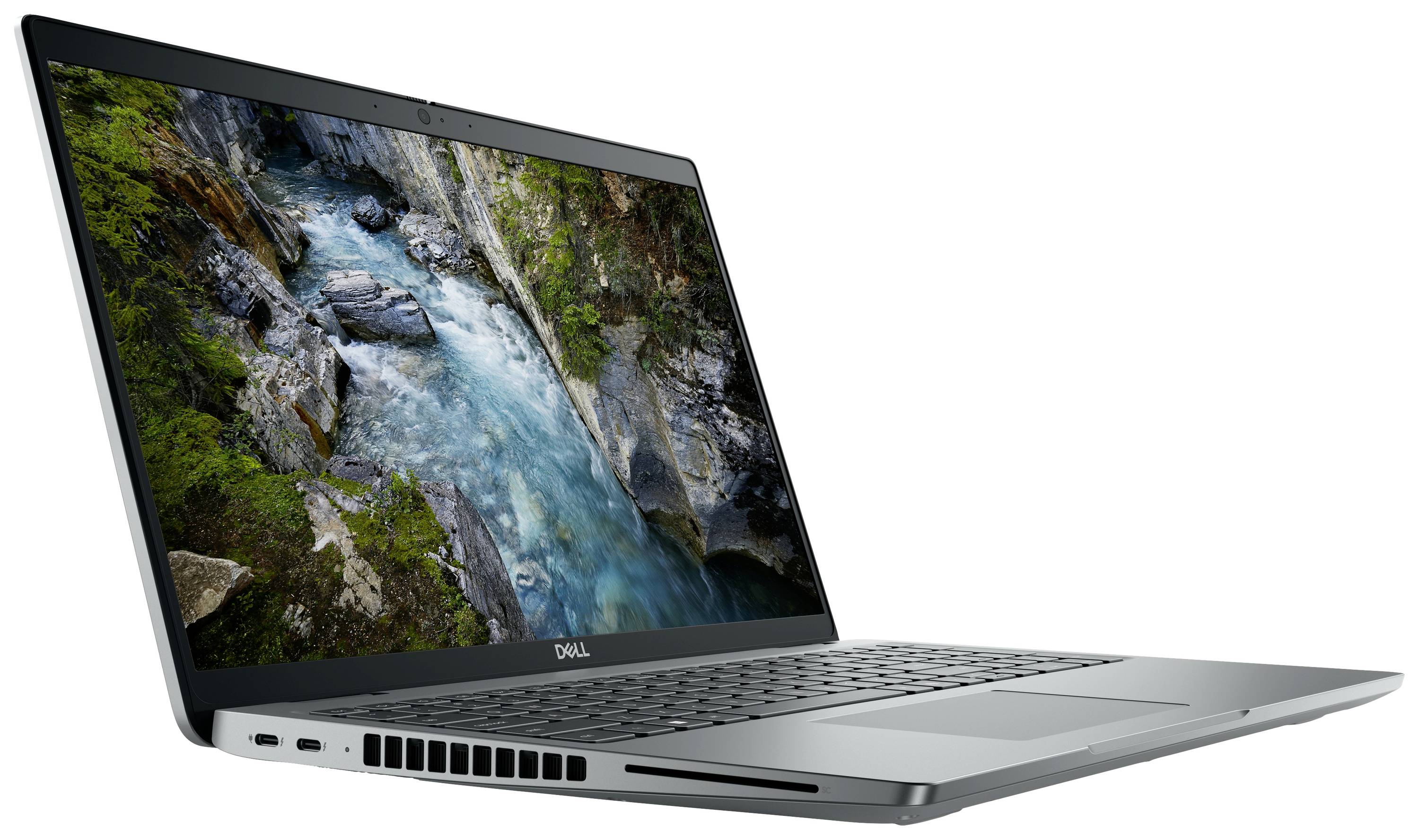 Ein Laptop mit einem geöffneten Bildschirm, der ein Bild einer Schlucht mit einem klaren blauen Fluss zeigt.