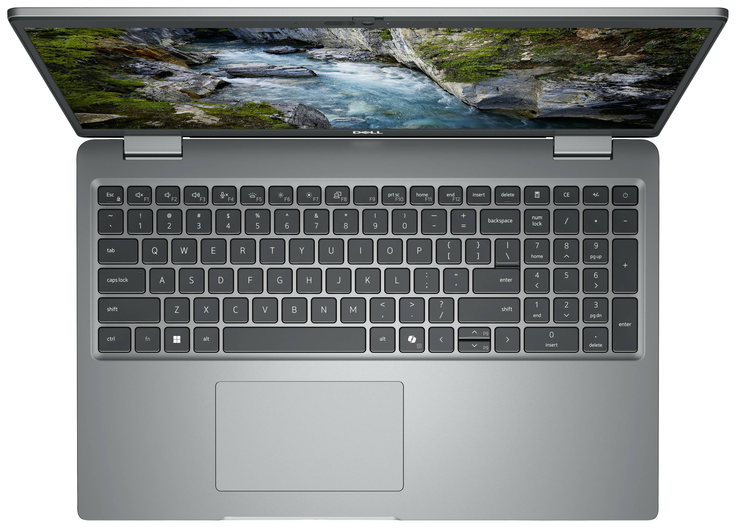 Ein geöffneter Laptop von oben mit QWERTZ-Tastatur und Touchpad. Der Bildschirm zeigt ein Landschaftsbild mit einem Fluss in einer Felslandschaft.