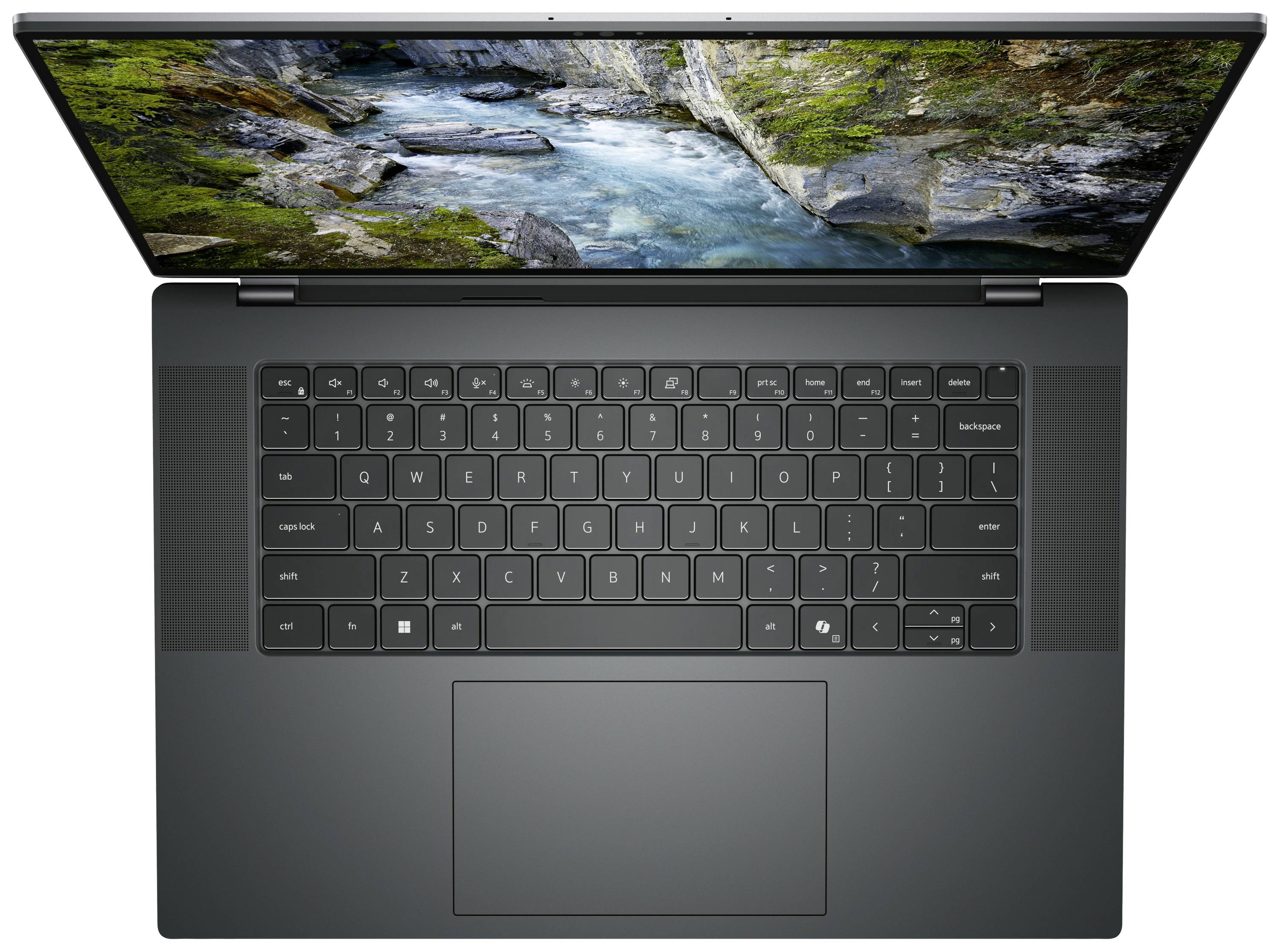 Laptop aus der Vogelperspektive mit schwarz-grauer Tastatur, auf dem Bildschirm ist ein Bild von einem Fluss in einer felsigen Landschaft zu sehen.