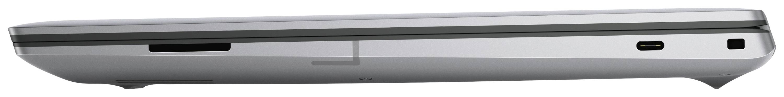 Ein silberner Laptop von der Seite, zeigt Anschlüsse und Lüftungsschlitze auf der Rückseite.