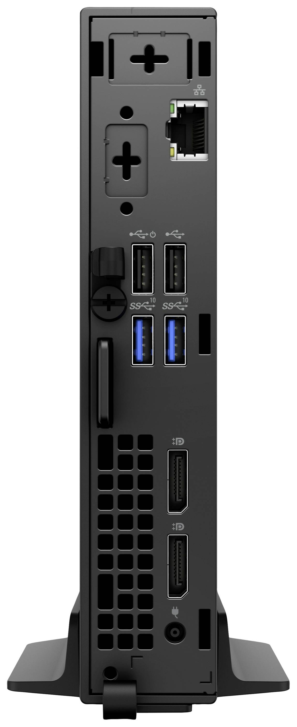 Rückseite eines schwarzen Computergehäuses mit mehreren USB-Anschlüssen, HDMI-Ausgängen und einem Ethernet-Anschluss.