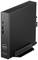 Ein schmaler, schwarzer Dell OptiPlex 3000 Thin Client auf einem Ständer, seitlich mit USB-Anschlüssen und Power-Button sichtbar.