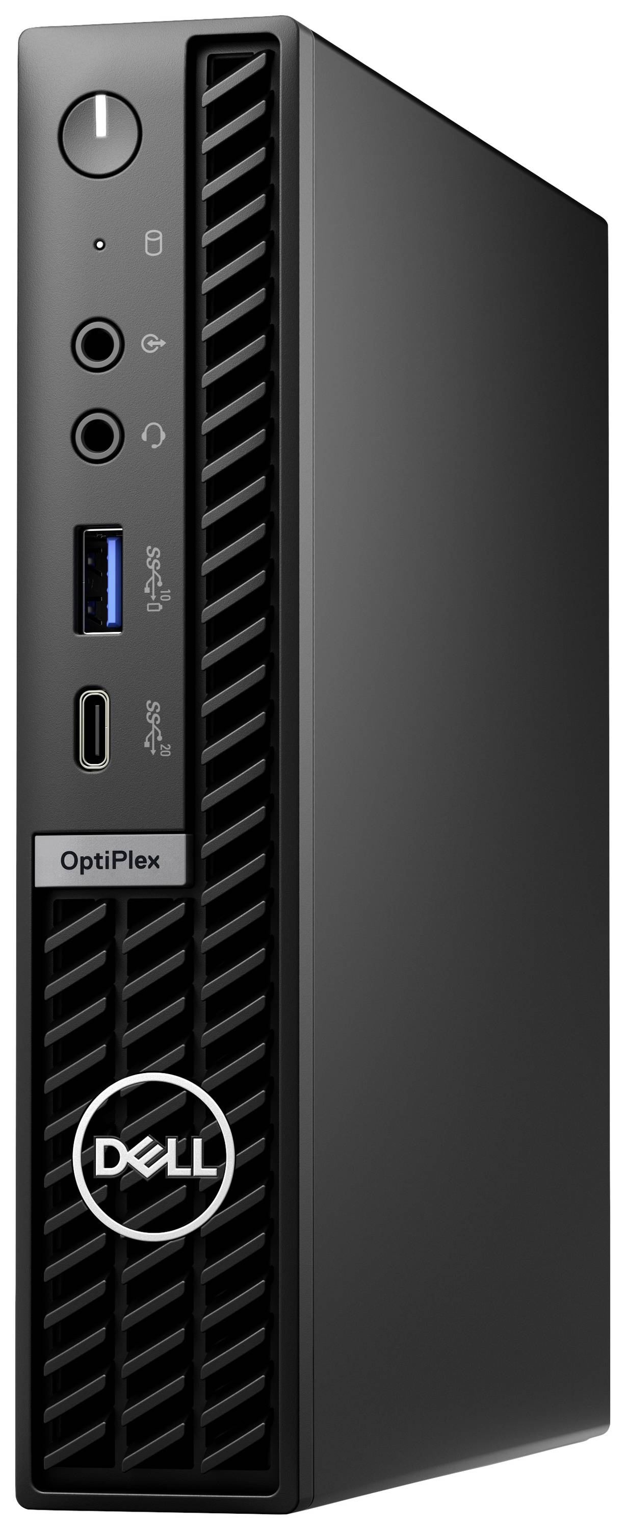 Schwarzer Dell OptiPlex Desktop-Computer, vertikale Ausrichtung, mit diversen Anschlüssen an der Vorderseite; minimalistisches Design.