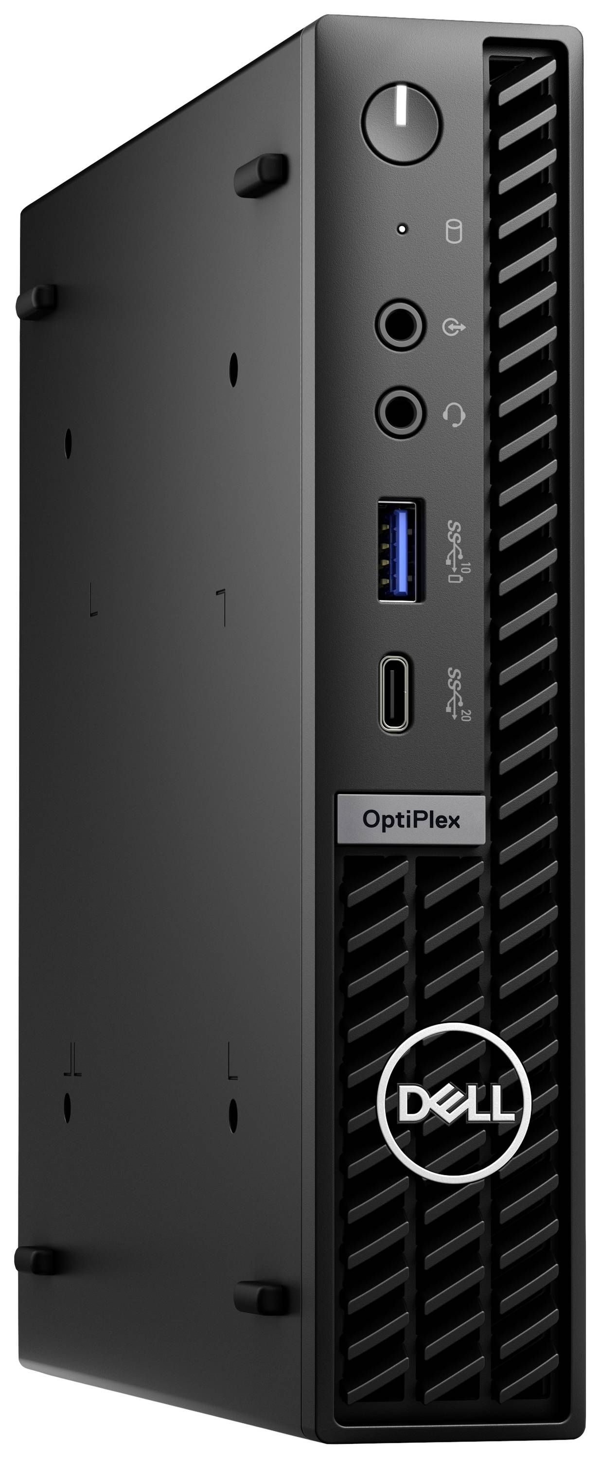 Schwarzer Dell OptiPlex Mini-PC mit USB-Anschlüssen an der Vorderseite.