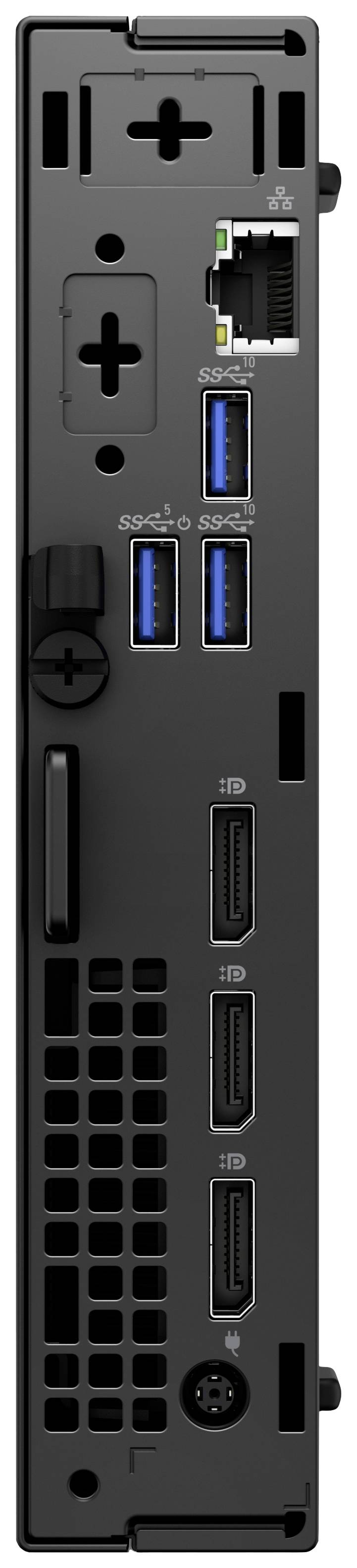 Rückseite eines schwarzen Computers zeigt diverse Anschlüsse: zwei USB-Ports, ein LAN-Port und vier Display-Ports für Monitore.