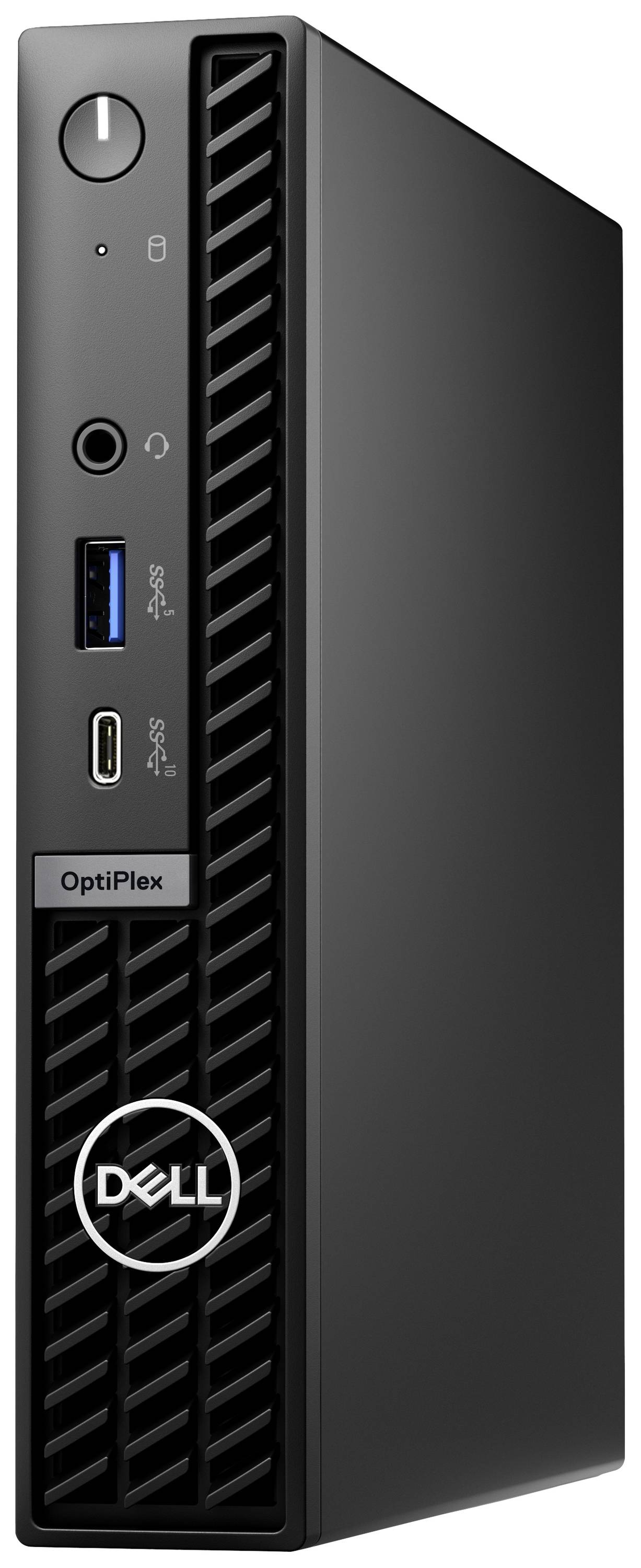 Ein schwarzer Dell OptiPlex-Mikro-PC mit frontalem USB-Port und Markenlogo, geeignet für kompakte Arbeitsplatzlösungen.