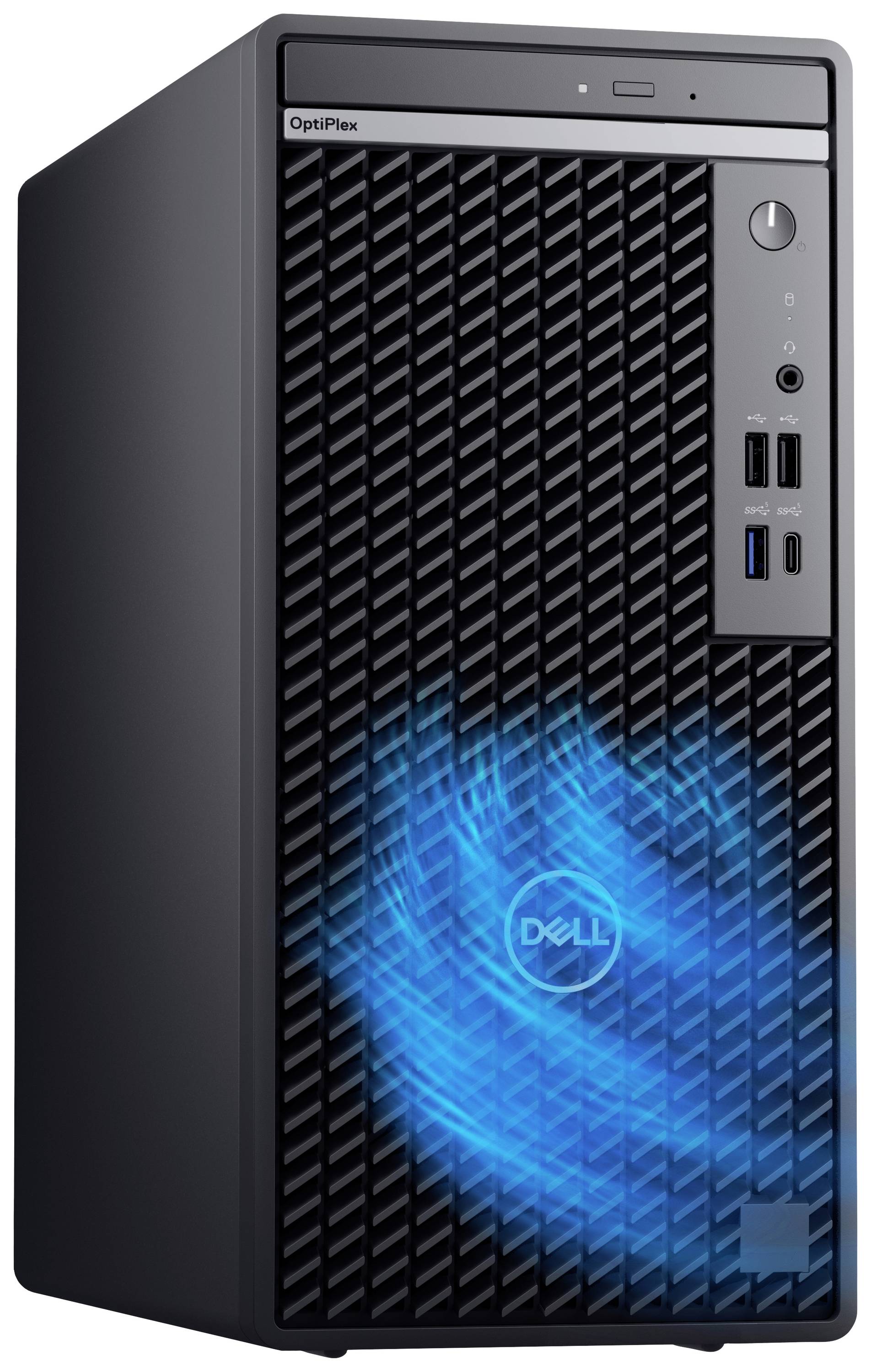 Schwarzer Desktop-PC-Tower mit leuchtendem blauen Design auf der Vorderseite. Enthält zwei USB-Anschlüsse, einen Hörer- und Mikrofonanschluss.