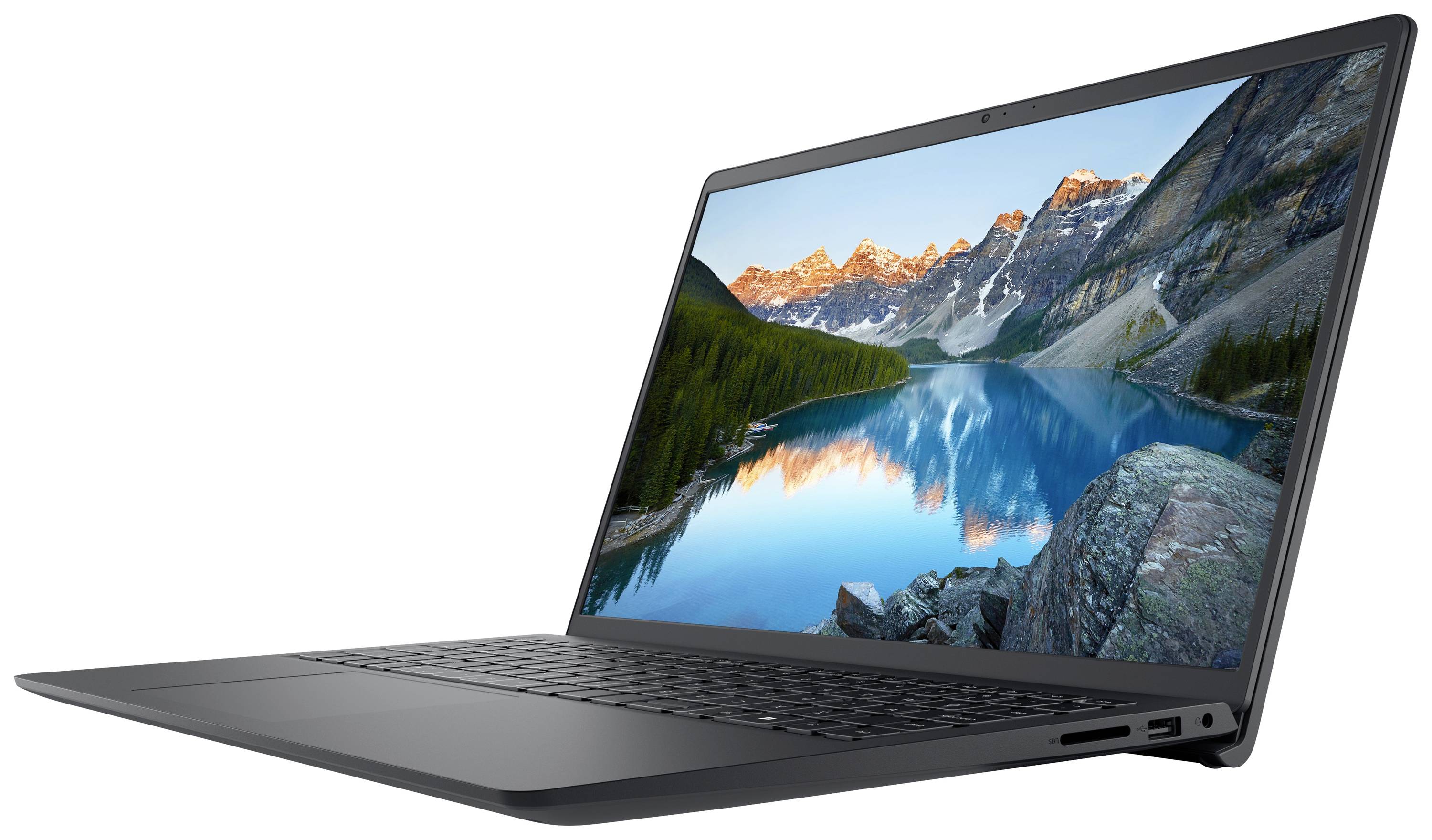 Ein Laptop mit einem Bild von Bergen und einem See auf dem Bildschirm. Der Laptop ist geöffnet und zeigt eine seitliche Ansicht.