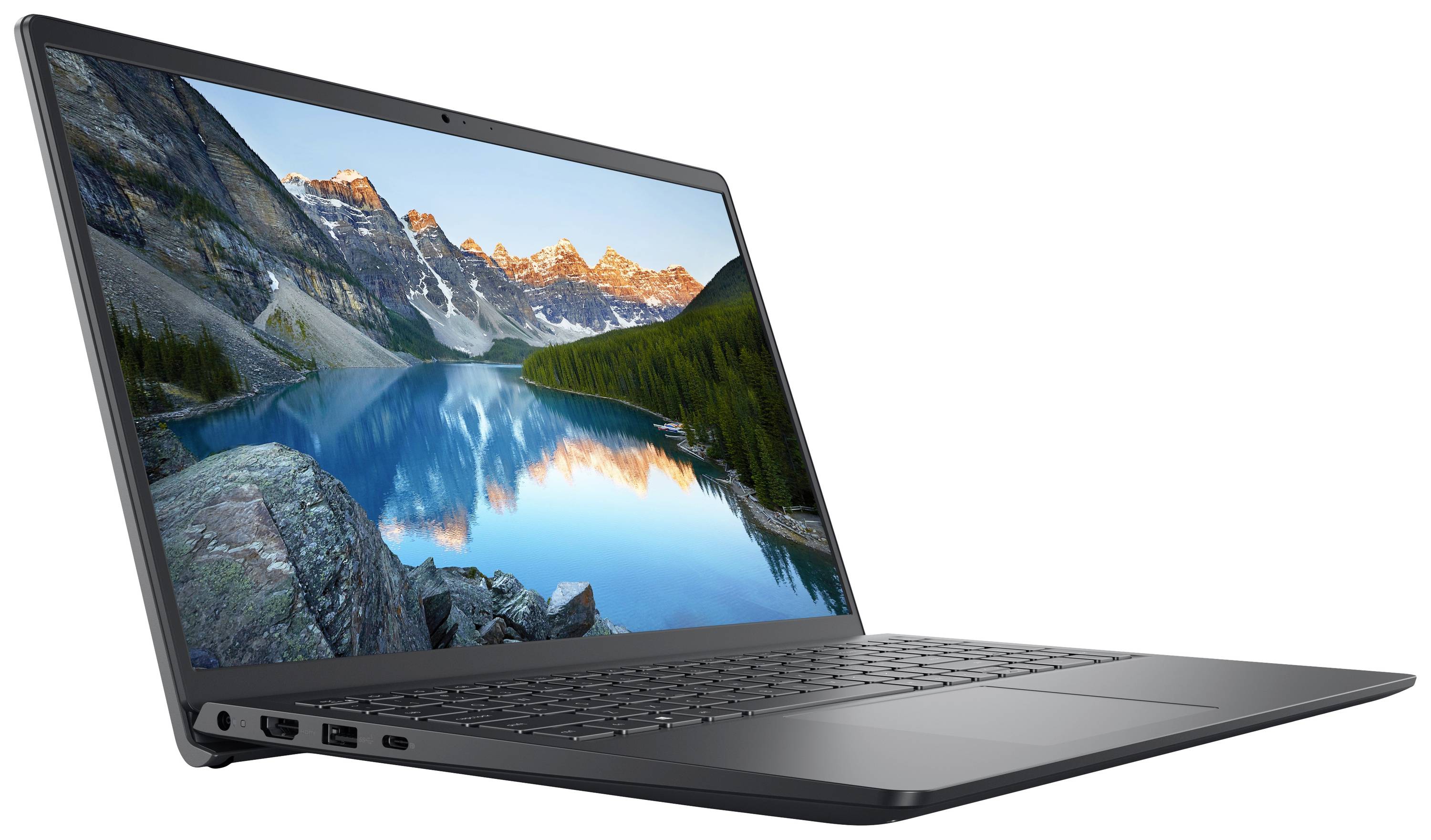 Ein geöffneter Laptop zeigt ein Berg- und Seepanorama auf dem Bildschirm. Das Bild betont die Farbbrillanz und Bildschirmfläche.