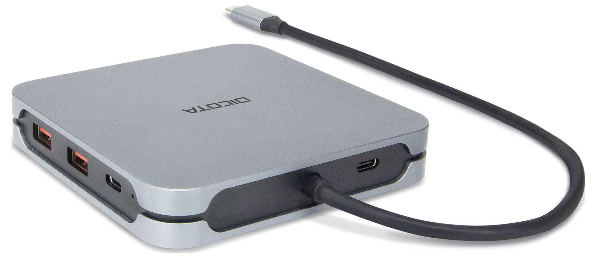 USB-C-Hub in silberner Farbe mit mehreren Anschlüssen, einschließlich USB-A und USB-C, und einem verbundenen Kabel.