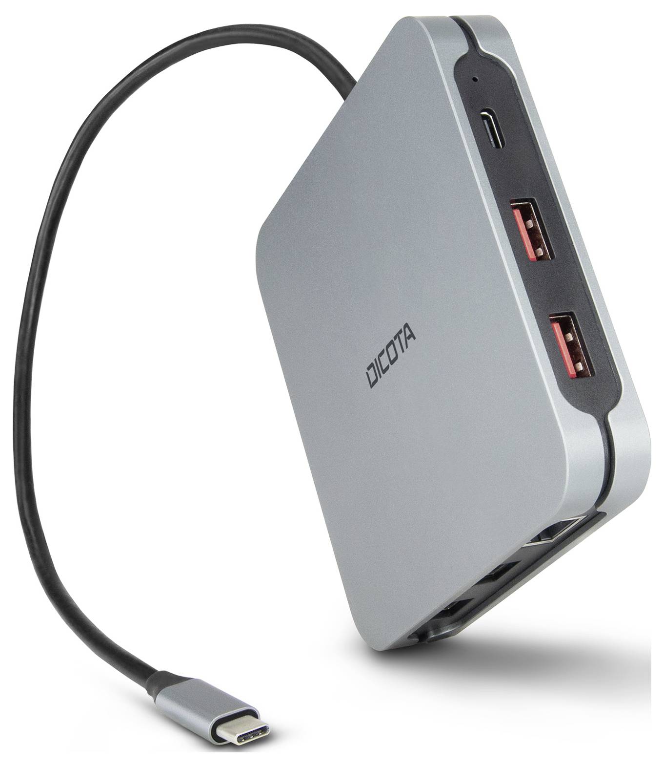 Ein silberner USB-C-Hub mit mehreren Anschlüssen, darunter zwei USB-Ports und HDMI, zum Verbinden und Laden von Geräten.