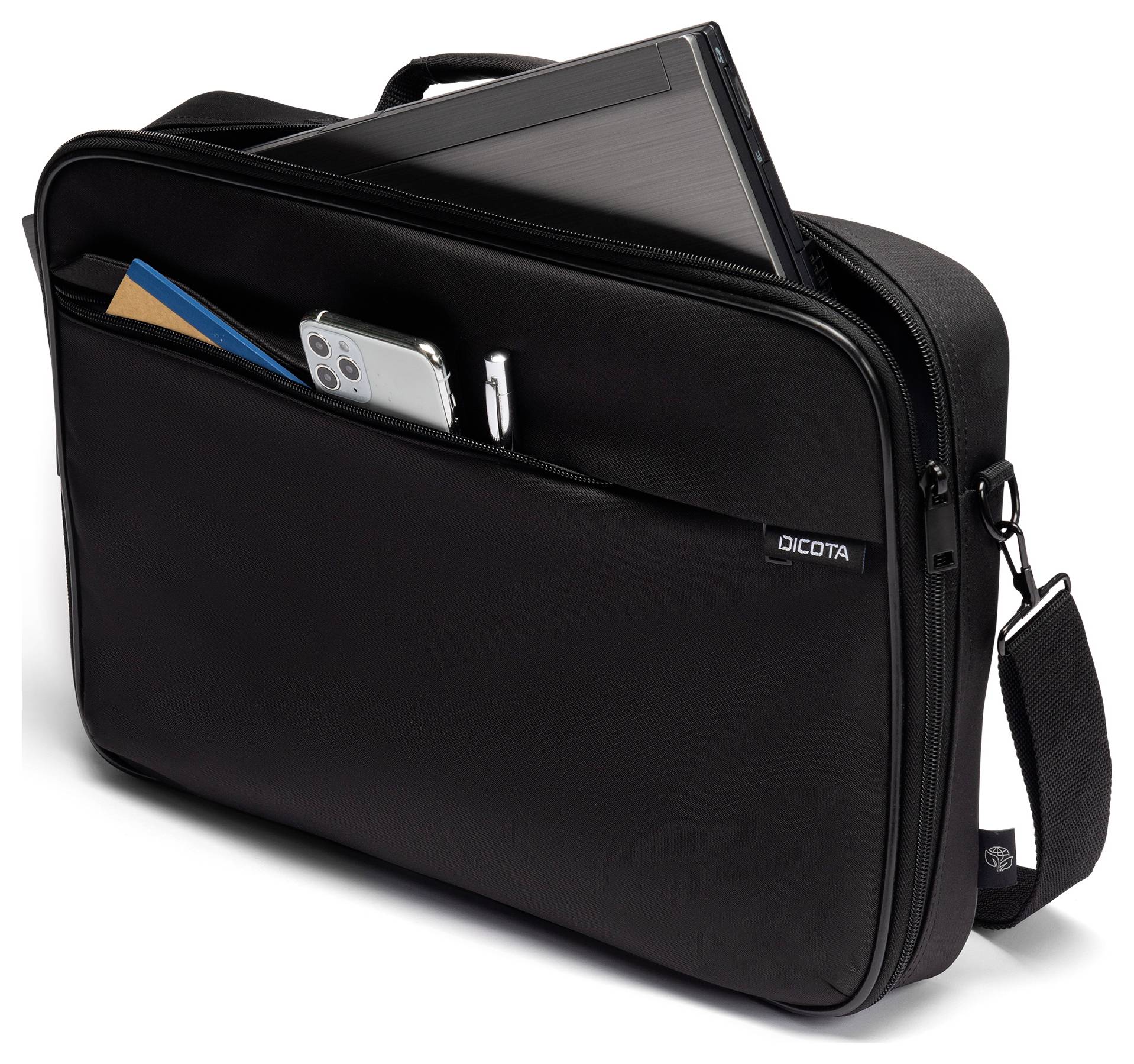 Schwarze Laptoptasche mit mehreren Fächern, eins enthält Smartphone und Notizbücher. Laptop schaut aus der Haupttasche heraus.