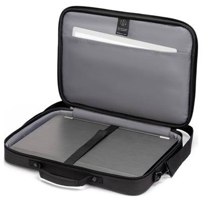 Eine geöffnete schwarze Laptoptasche mit einem Laptop und einem Tablet in einem gepolsterten Fach. Die Tasche hat einen Tragegriff.