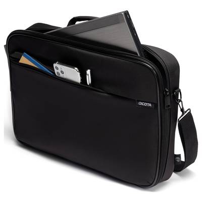 Eine schwarze Laptoptasche mit Seitenfach, das ein Smartphone und Dokumente enthält, daneben ein teilweise sichtbarer Laptop.