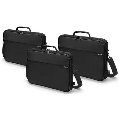 Drei schwarze Laptoptaschen mit Griffen und abnehmbaren Schultergurten, nebeneinander aufgestellt.