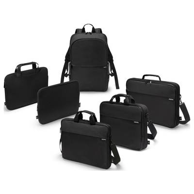 Sechs schwarze Laptoptaschen, darunter Rucksäcke und Aktentaschen, auf weißem Hintergrund arrangiert. Unterschiedliche Größen und Designs.
