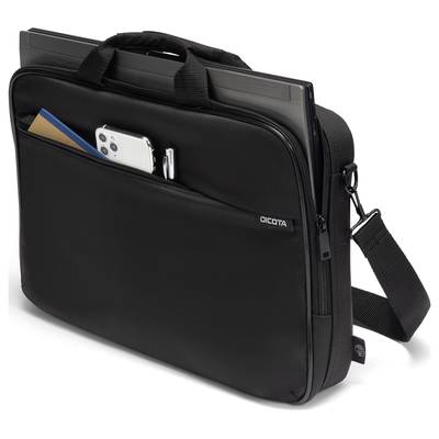 Schwarze Laptoptasche mit Tragegriff und Schulterriemen, Fronttasche mit Smartphone und Heft. Laptopschirm oben sichtbar.