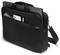 Schwarze Laptoptasche mit Tragegriff und Schulterriemen. Eine Vordertasche enthält ein Smartphone und Dokumente.