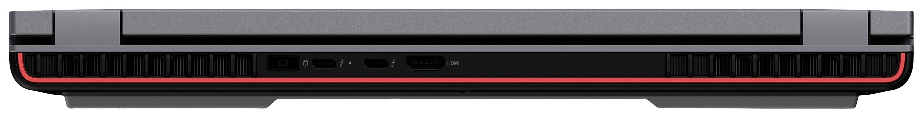 Ein Laptop von hinten, zeigt Lüftungsschlitze und Anschlussoptionen. Die Farbe des Laptops ist hauptsächlich schwarz.