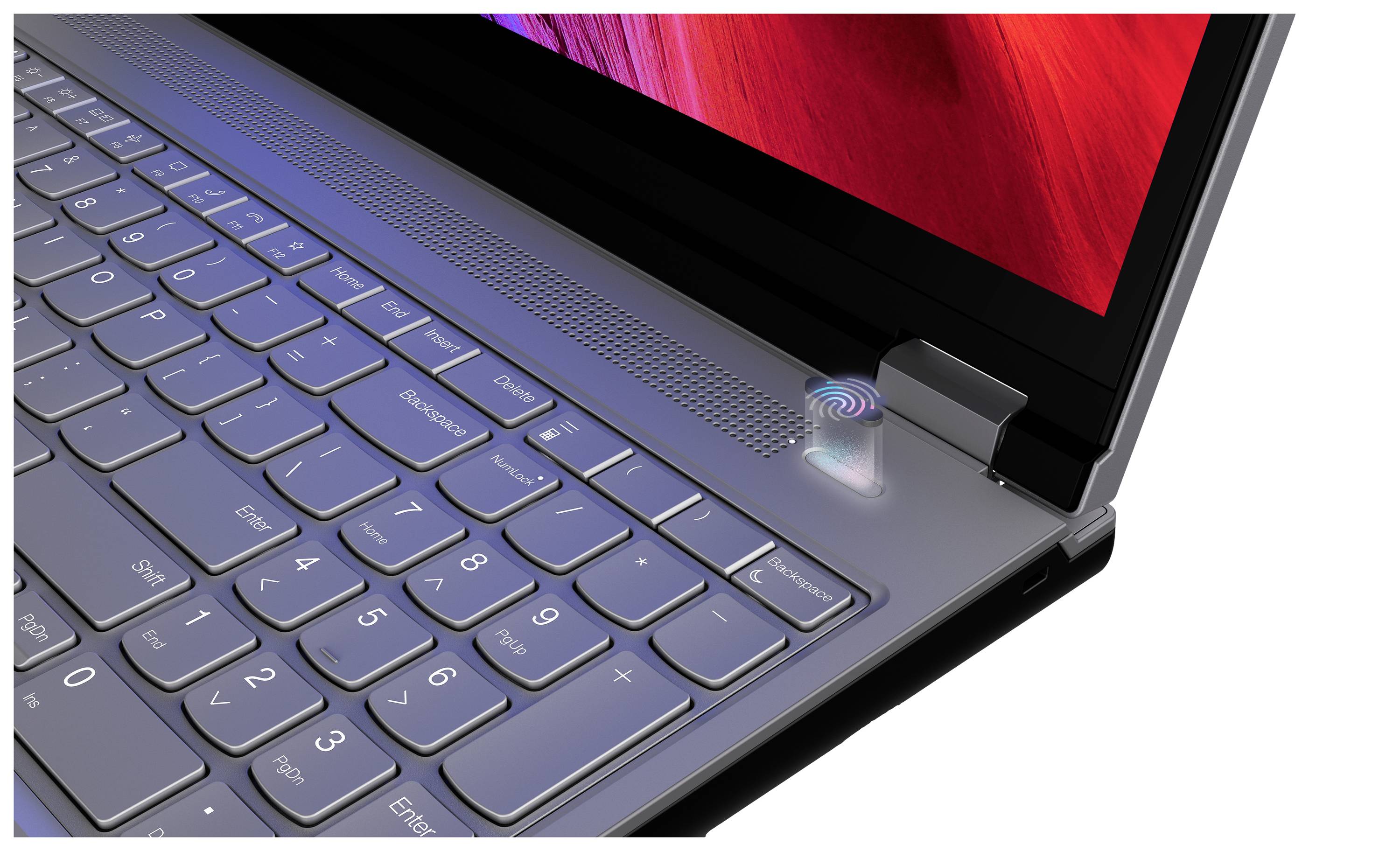 Laptop mit Tastatur, Fingerabdruckscanner und teilweise sichtbarem Bildschirm. Der Fingerabdruckscanner befindet sich neben der Tastatur.