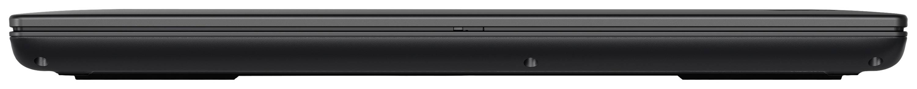 Ein geschlossener, schwarzer Laptop von der Seite gesehen, ohne sichtbare Marken- oder Designmerkmale.