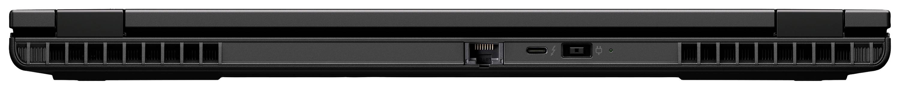 Ein geschlossener Laptop von hinten, sichtbar sind Lüftungsschlitze und Anschlüsse.