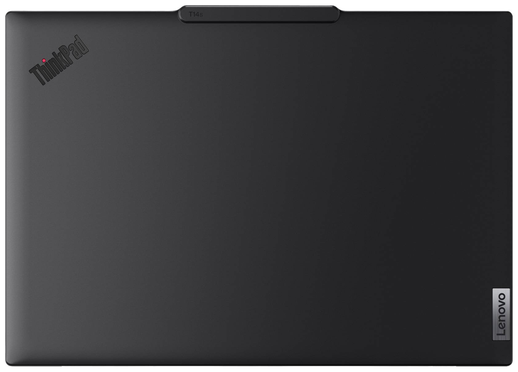 Laptopoberseite eines Lenovo ThinkPad mit mattschwarzer Oberfläche und roten Akzenten im Logo, ohne sichtbare Anschlüsse oder Tasten.