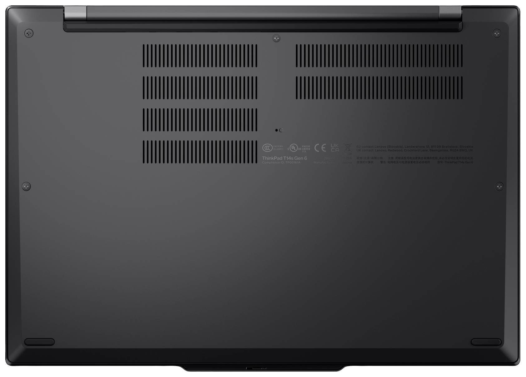 Ansicht der Unterseite eines Laptops mit Lüftungsschlitzen und Schriftzug 'ThinkPad T14s Gen 1'.