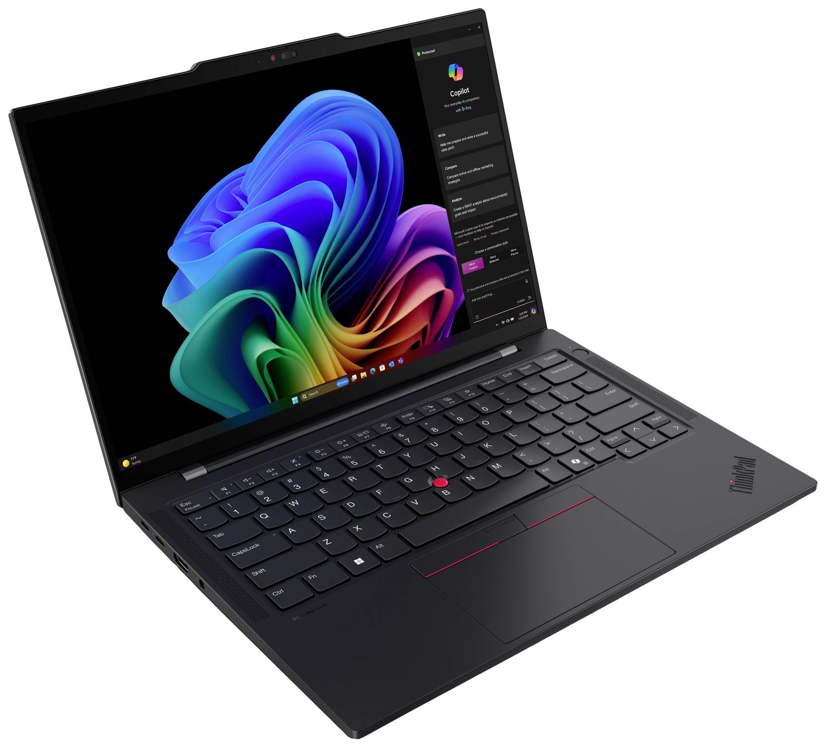 Ein schwarzer Laptop mit einem bunten Bildschirmhintergrund zeigt das Betriebssystem-Interface. Die Tastatur ist gut sichtbar.