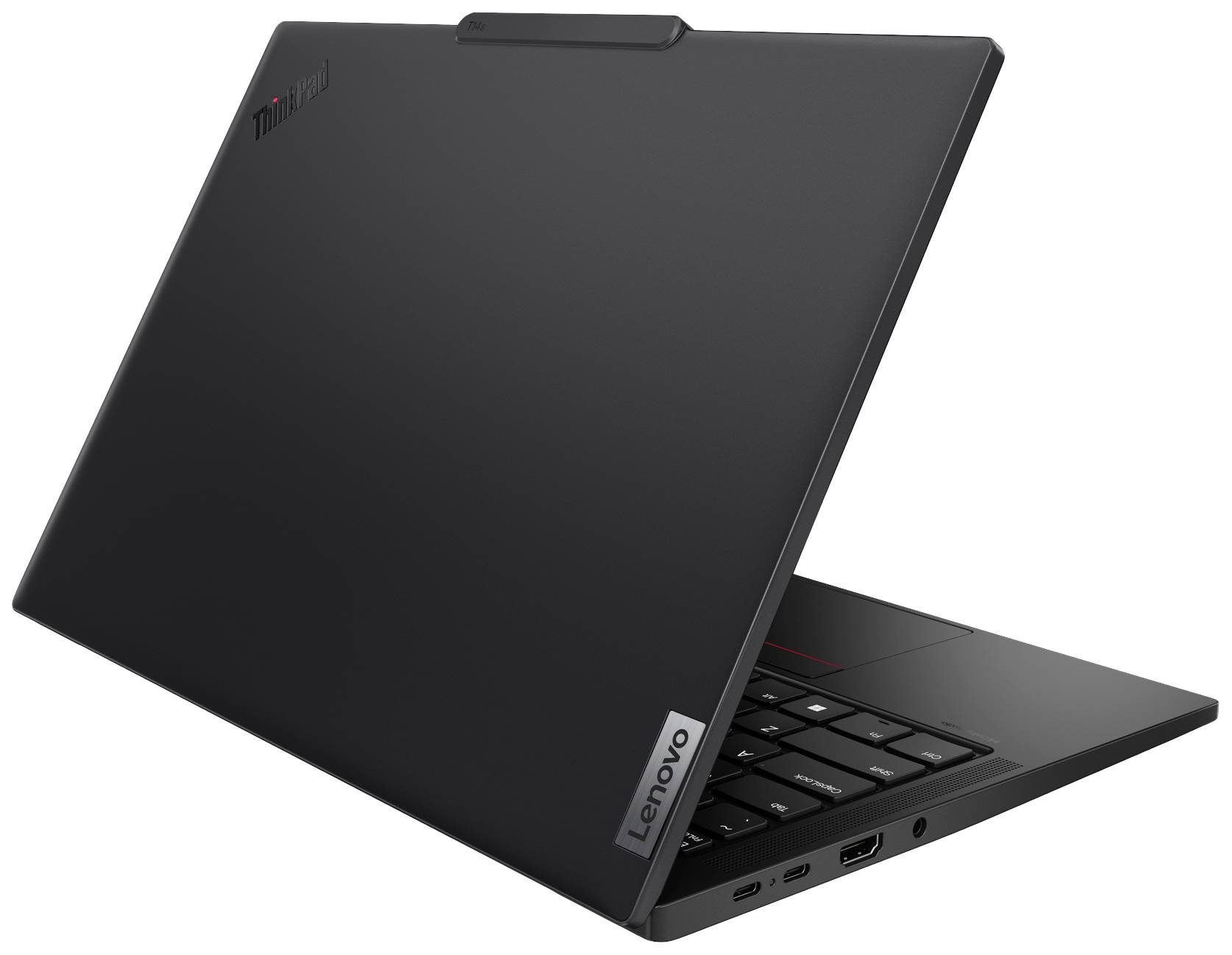 Ein aufgeklappter schwarzer Laptop von der Marke Lenovo, Modell ThinkPad, in der seitlichen Ansicht gezeigt.