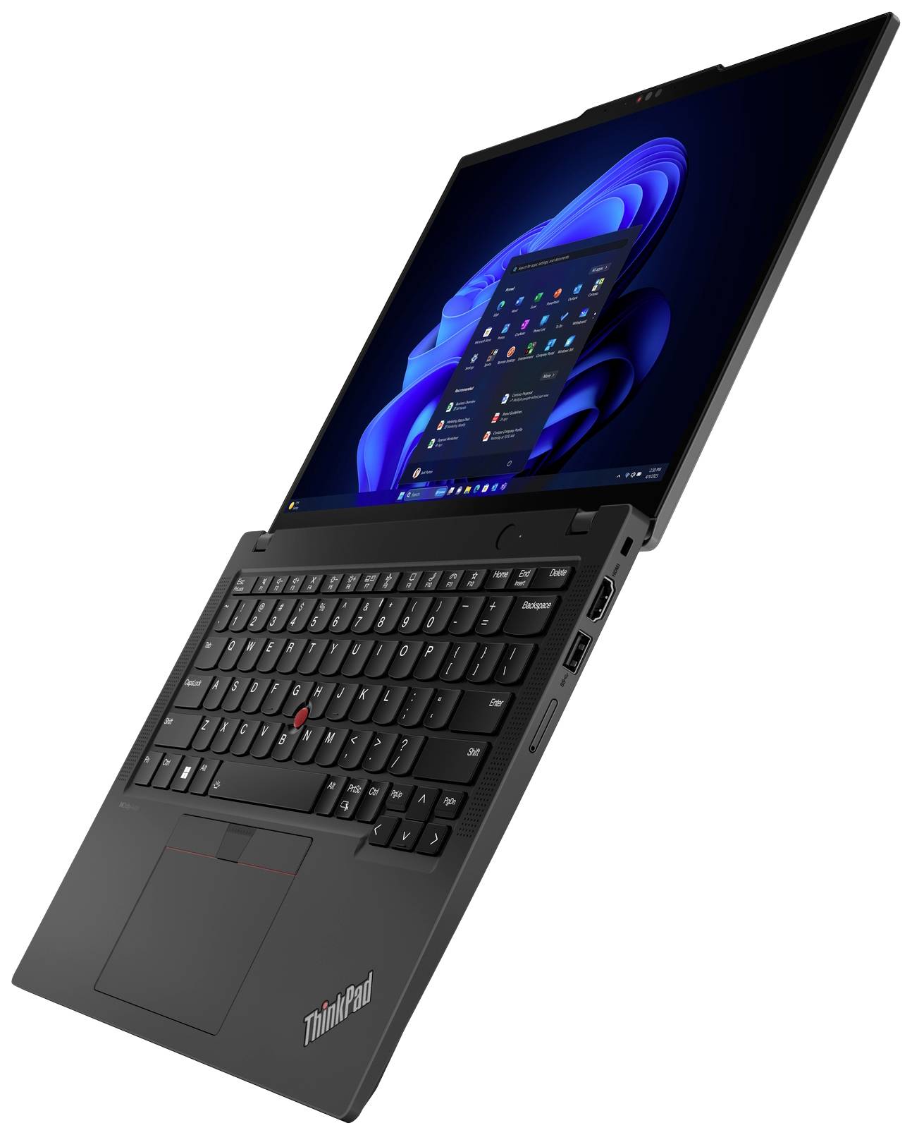 Ein offenes Laptop mit schwarzem Gehäuse, zeigt den Windows-Desktop auf dem Bildschirm. Die Tastatur ist sichtbar, TrackPoint in der Mitte.