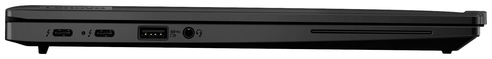 Ein dünner, geschlossener Laptop von der Seite gezeigt, mit verschiedenen Anschlüssen an der linken Kante sichtbar.