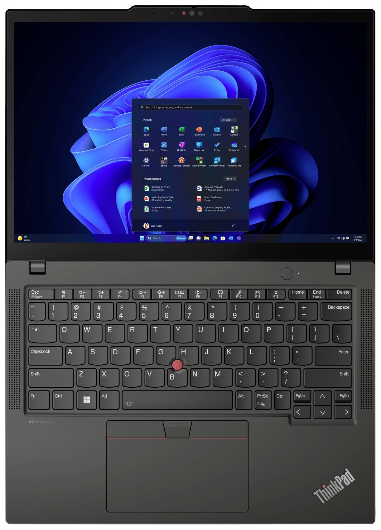 Ein Laptop mit geöffnetem Bildschirm zeigt das Windows-Betriebssystem. Die Tastatur ist sichtbar, das Design ist schlicht und funktional.