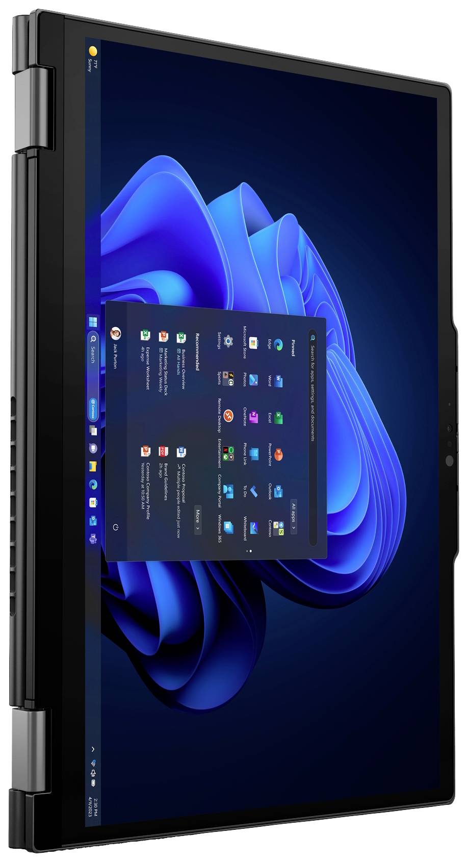 Laptop im Tablet-Modus mit Windows-Benutzeroberfläche. Der Bildschirm zeigt das Startmenü mit verschiedenen Apps und Einstellungen.
