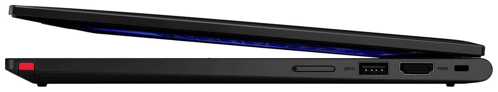 Ein teilweise geöffneter schwarzer Laptop von der Seite, mit sichtbaren Anschlüssen für USB, HDMI und MikroSD-Kartensteckplatz.