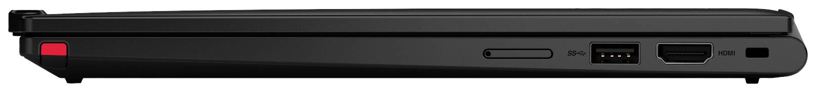 Seitliche Ansicht eines geschlossenen Laptops mit mehreren Schnittstellen, darunter USB-Anschlüsse und ein HDMI-Anschluss.