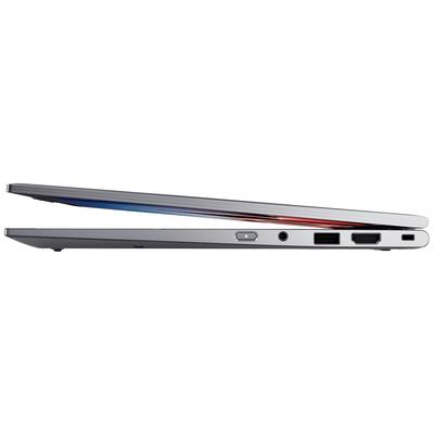 Ein halb geöffneter Laptop mit schlankem Design, silbernem Gehäuse und mehreren Anschlüssen an der Seite, inklusiv HDMI und USB.