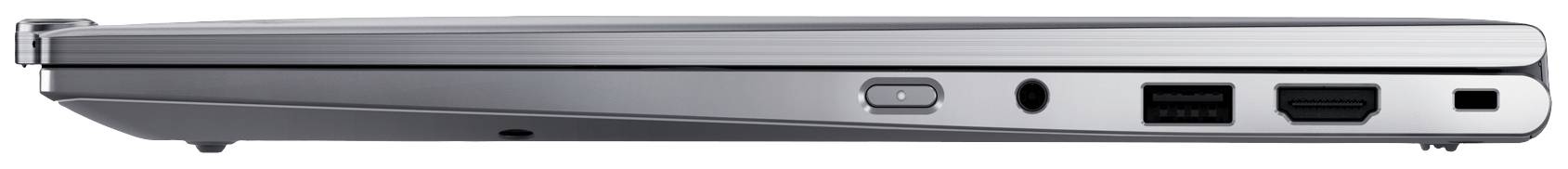 Silberner Laptop in seitlicher Ansicht, geschlossen. Zu sehen sind diverse Anschlüsse und Tasten an der linken Seite.