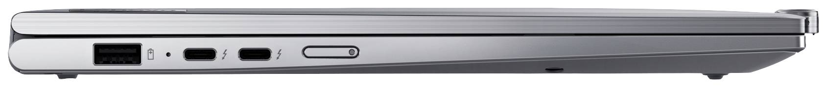 Geschlossener Laptop in Seitenansicht, zeigt Anschlüsse: USB, HDMI und Kopfhörerbuchse. Silbernes Gehäuse, schlankes Design.