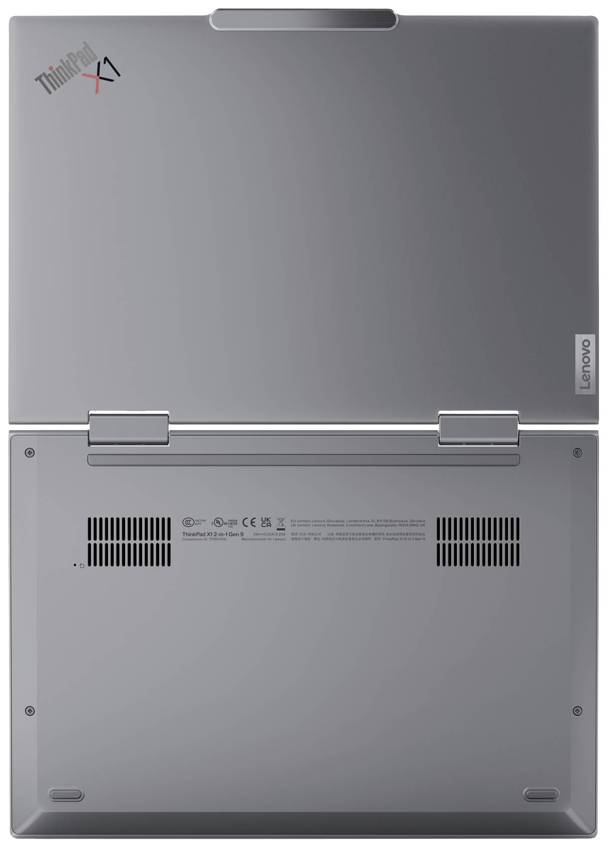 Rückseite eines aufgeklappten Laptops. Sichtbar sind Lüftungsschlitze und das 'ThinkPad X1' Logo oben links.