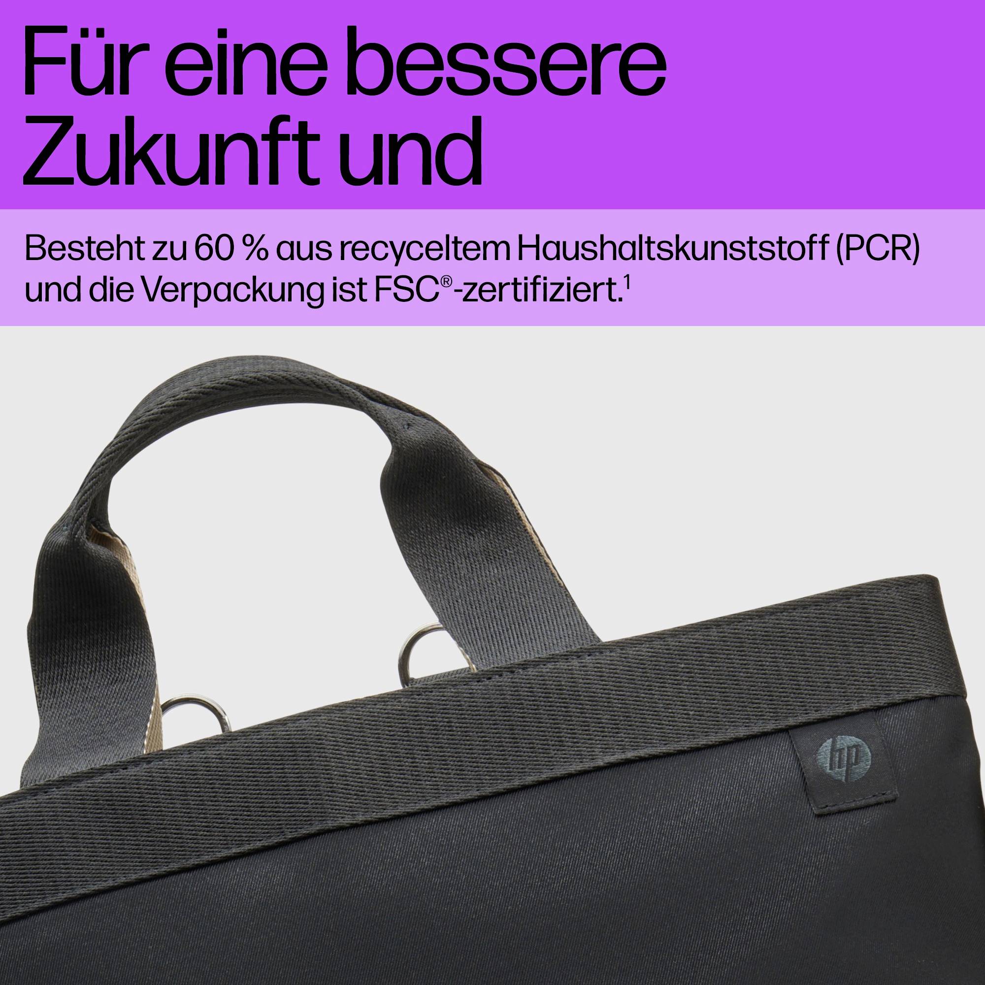 'Tasche mit recyceltem Haushaltskunststoff, FSC®-zertifizierte Verpackung. Text: Für eine bessere Zukunft und 60 % PCR.'