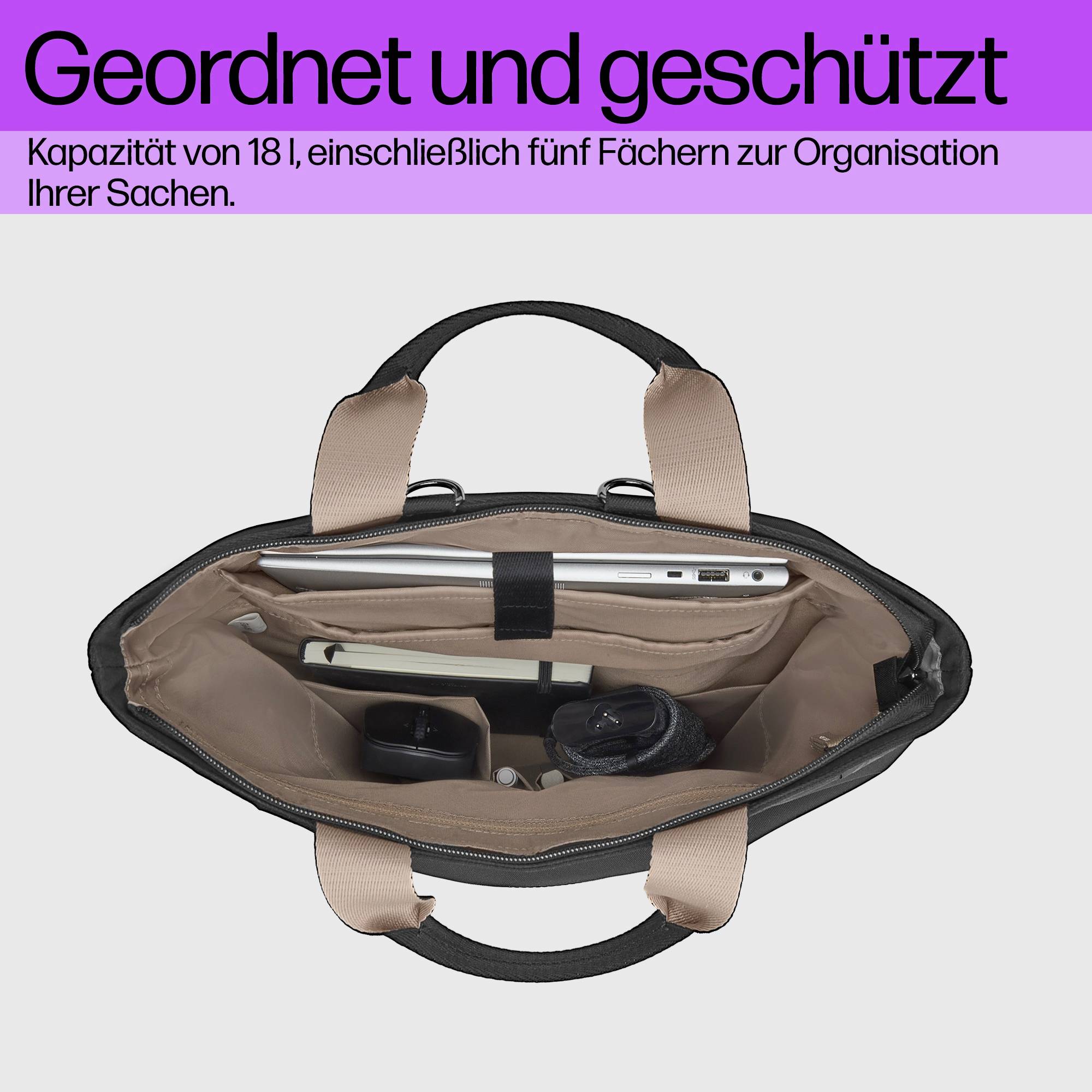 Geöffnete Tasche mit mehreren Fächern. Ein Laptop und persönliche Gegenstände sind ordentlich verstaut. Text oben: 'Geordnet und geschützt'.