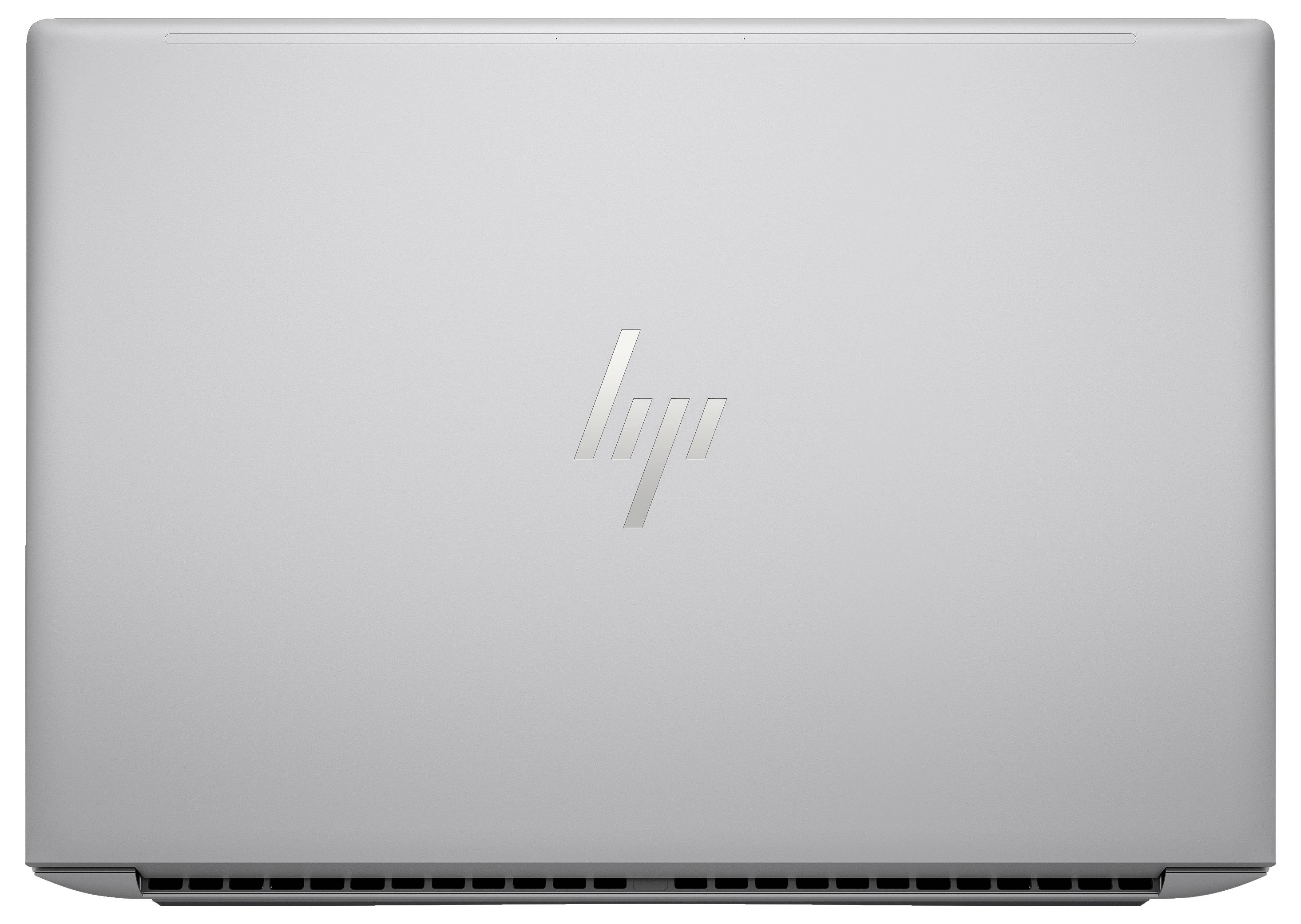 Ein silberner Laptop mit geschlossenem Deckel und HP-Logo in der Mitte.
