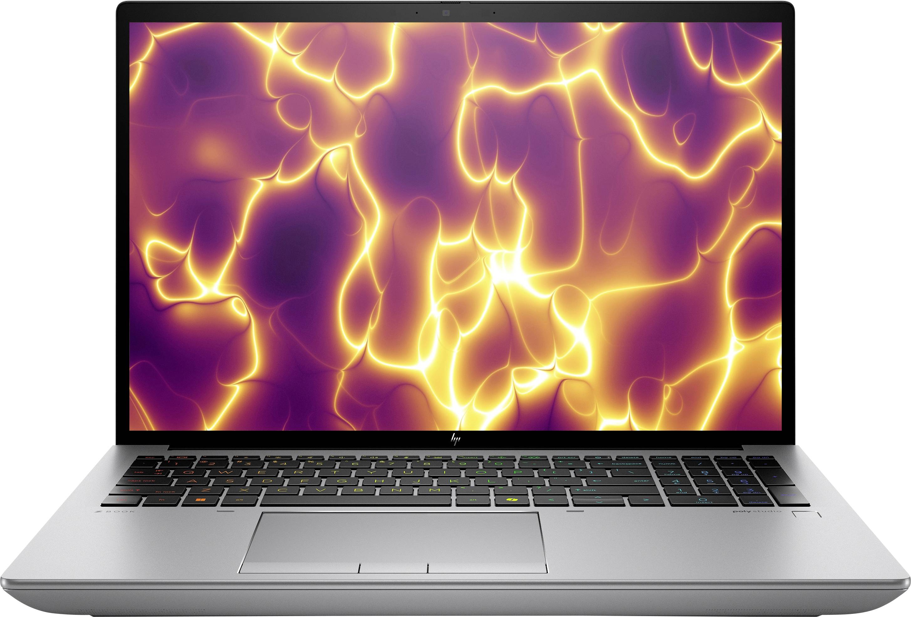 Ein Laptop mit leuchtendem, abstraktem Hintergrund auf dem Bildschirm. Das Design zeigt orange leuchtende Linien auf violettem Hintergrund.