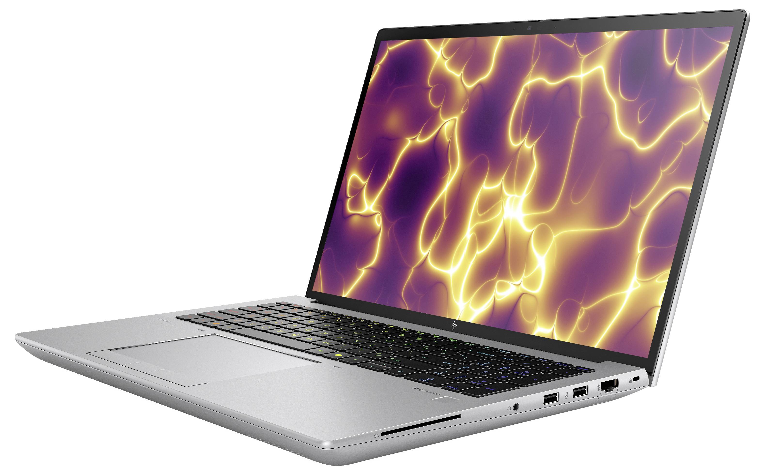 Silberner Laptop mit geöffnetem Display. Der Bildschirm zeigt ein abstraktes, gelbes und violettes Muster. Tasten sind beleuchtet.