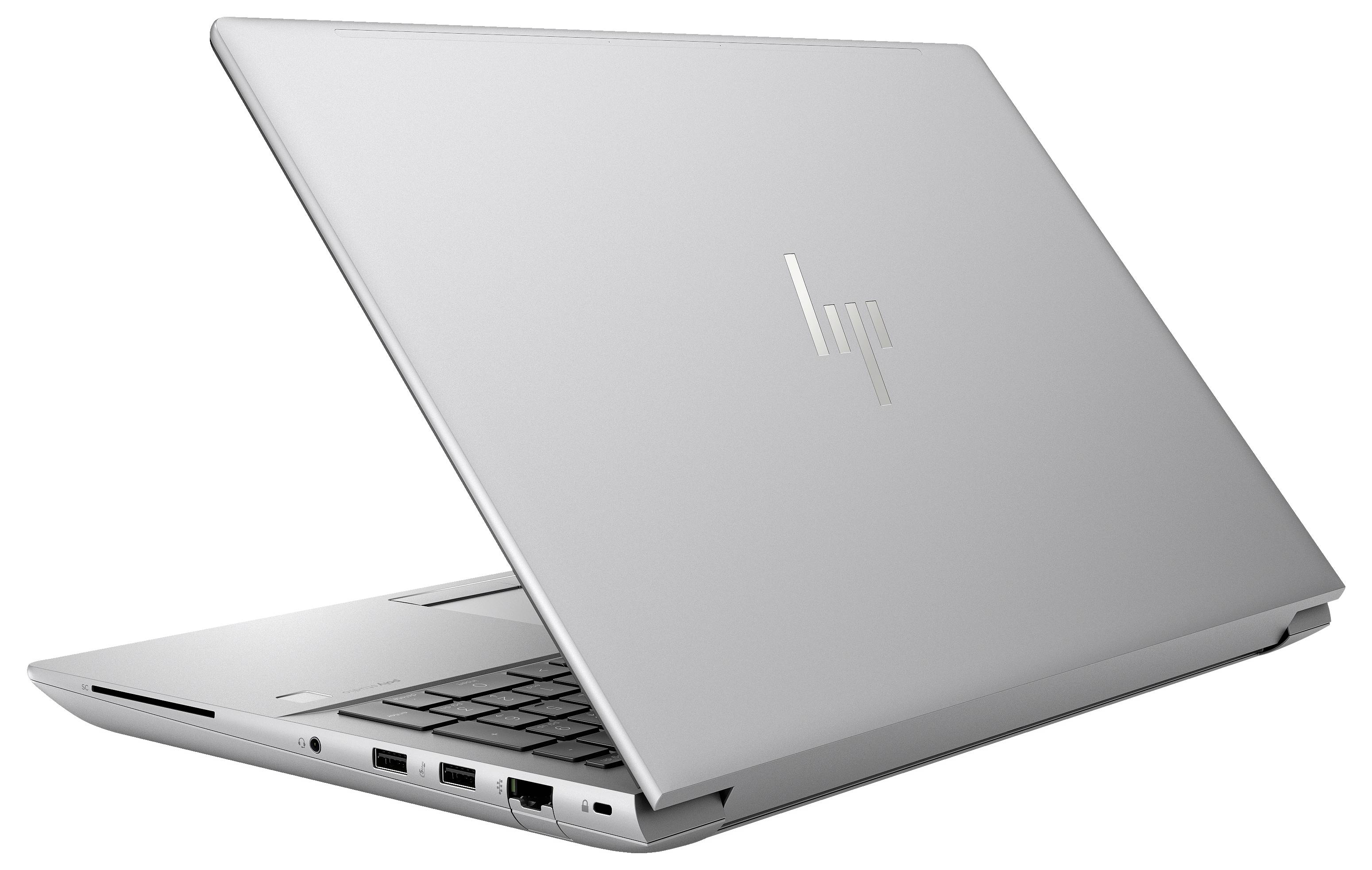 Ein silbernes Laptop von HP, teilweise geöffnet und von hinten rechts fotografiert. Sichtbar sind die Anschlüsse an der linken Seite.