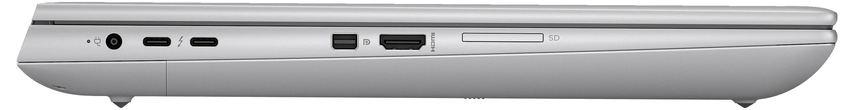 Silberner Laptop von der Seite mit mehreren Anschlüssen, darunter USB, HDMI und Kopfhörerbuchse, auf einer weißen Oberfläche.