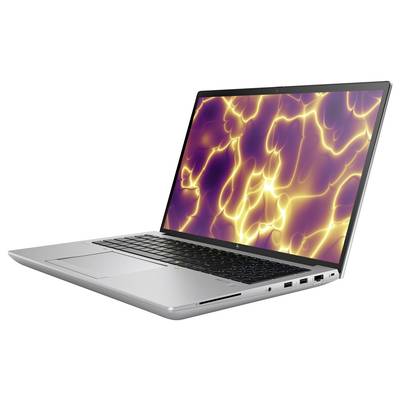 Ein silberner Laptop mit einem leuchtenden, abstrakten Muster auf dem Bildschirm, geöffnet in einem Winkel von etwa 45 Grad.