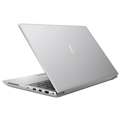 Silberner Laptop von der Seite, leicht geöffnet. Zu sehen sind einige Anschlüsse an der Seite. Logo auf dem Deckel.